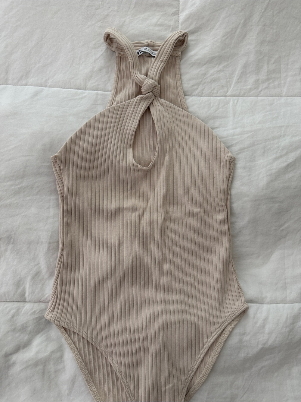 Zara Ribbed Knot Halter Bodysuit - Beige